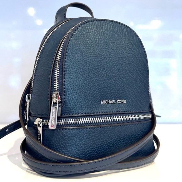 Michael Kors Rhea Extra-Small Printed Signature Logo Backpack Navy Blue - Picture 3 of 9